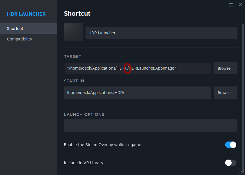 Fixing target path for HDR Launcher in Steam