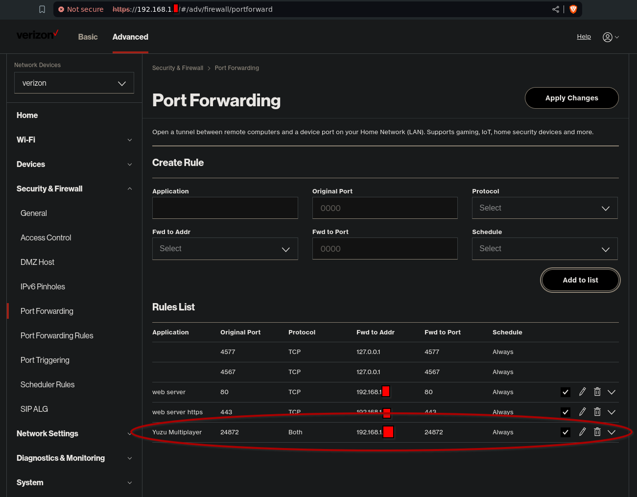 Port forwarding on Verizon router