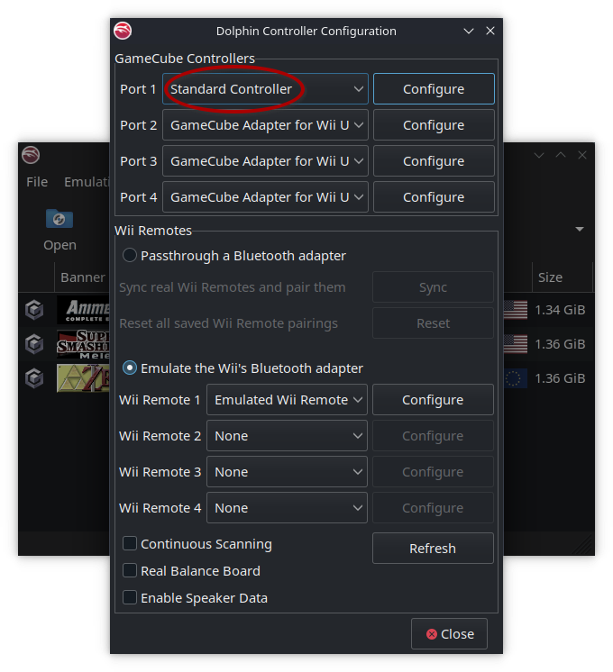 Setting port 1 to standard controller