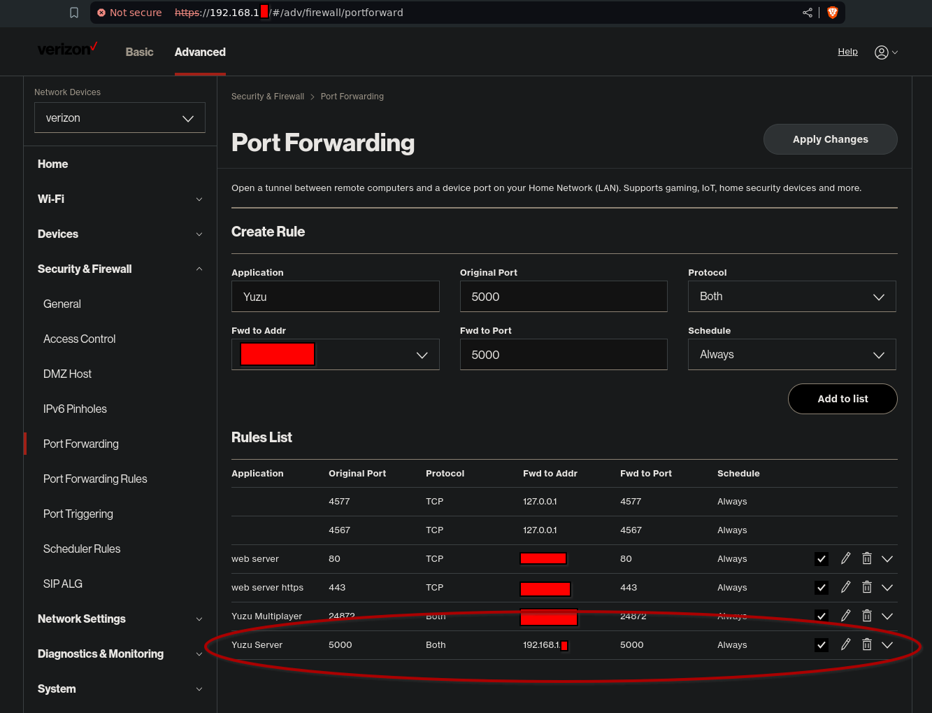 Verizon port forward settings for Yuzu server